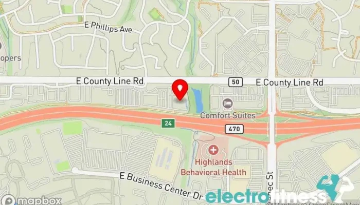 map of 24 Hour Fitness Gym, Fitness center, Indoor cycling, Indoor swimming pool, Personal trainer, Racquetball club, Sauna, Yoga studio in Highlands Ranch