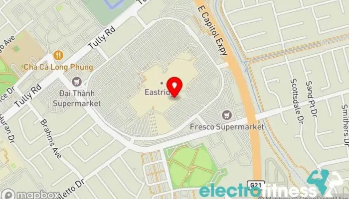 map of 24 Hour Fitness Gym, Fitness center, Indoor cycling, Indoor swimming pool, Personal trainer, Sauna, Training centre, Yoga studio in San Jose