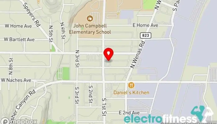 map of 24/7 Selah Fitness Gym, Indoor cycling, Weightlifting area in Selah