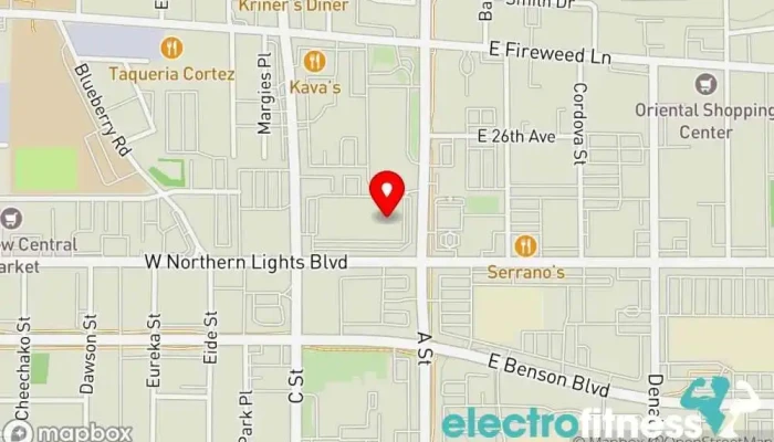 map of Alaska Fitness Fitness center, Gym, Indoor cycling, Nutritionist, Personal trainer, Physical fitness program, Sauna, Weightlifting area, Yoga studio in Anchorage