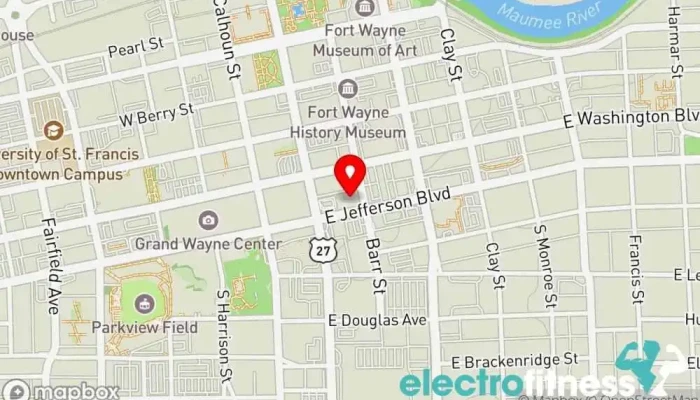 map of Central Branch YMCA Recreation center, Gym, Personal trainer, Physical fitness program, Swimming instructor, Swimming pool, Weight loss service in Fort Wayne