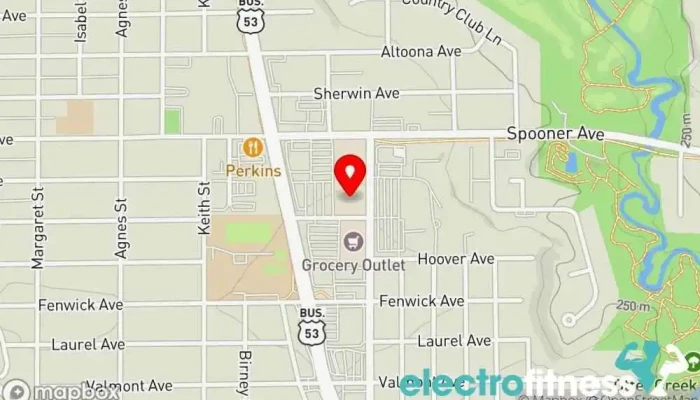 map of Highland Fitness Gym, Fitness center, Indoor cycling, Nutritionist, Personal trainer, Physical fitness program, Rehabilitation center, Weight loss service, Weightlifting area, Yoga studio in Eau Claire