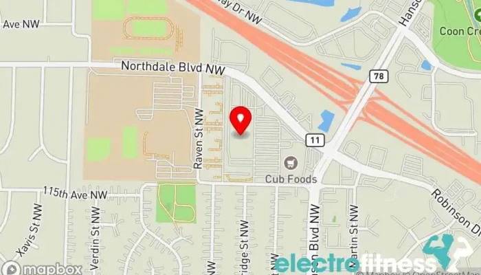 map of Life Time Gym, Basketball court, Fitness center, Indoor cycling, Indoor swimming pool, Personal trainer, Pickleball court, Pilates studio, Racquetball club, Yoga studio in Coon Rapids