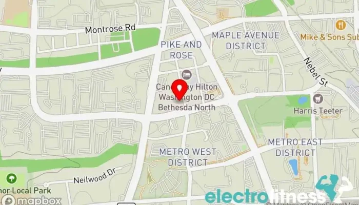 map of Onelife Fitness - Pike & Rose Gym, Basketball court, Pilates studio, Racquetball club, Squash court, Swimming pool, Tennis court, Volleyball court in Rockville