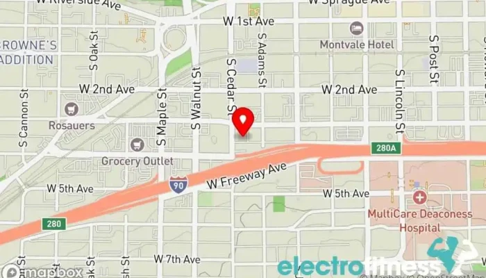 map of Shockman's All About Fitness Batting cage center, Baseball, Golf driving range, Gym, Personal trainer, Tanning salon, Waxing hair removal service, Weight loss service, Weightlifting area in Spokane