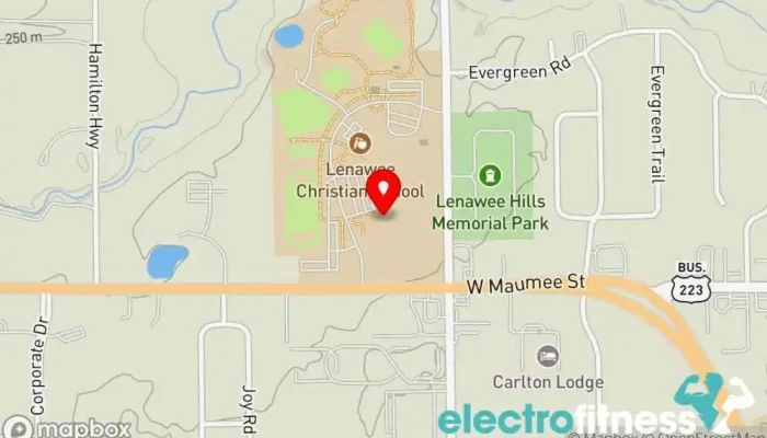 map of The Centre Community center, Cafe, Caterer, Fitness center, Personal trainer, Piano instructor, Stage, Swimming instructor, Swimming pool in Adrian