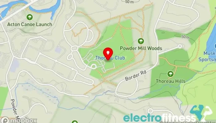 map of The Thoreau Club Sports club, Fitness center, Massage spa, Personal trainer, Swim club, Swimming instructor, Swimming pool, Tanning salon, Tennis club, Tennis instructor in Concord