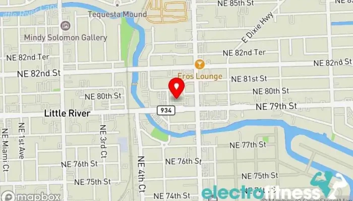 map of YouFit Gyms Miami (79th St) - Biscayne Fitness center, Gym, Health spa, Indoor cycling, Physical fitness program, Wellness center, Yoga studio in Miami